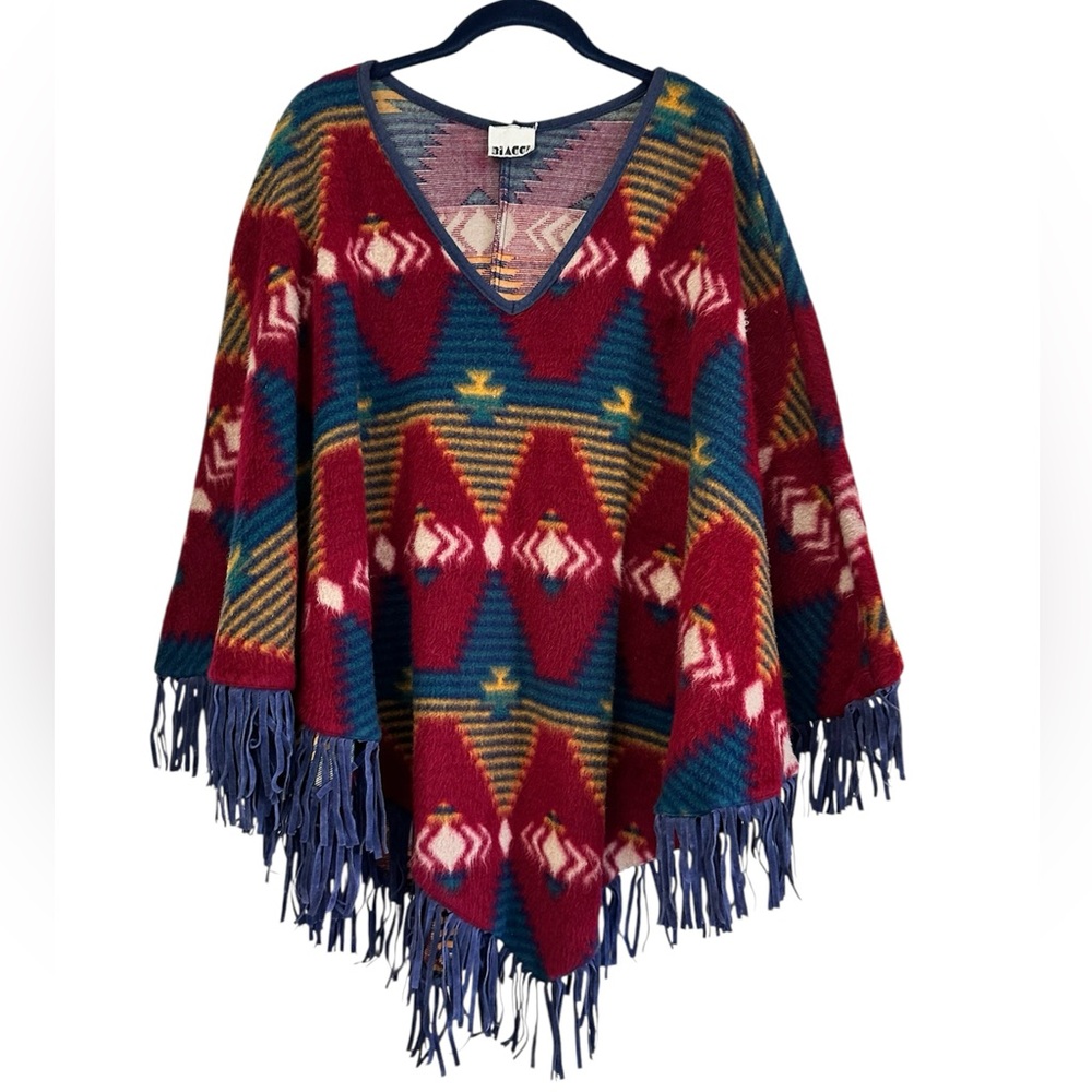Vintage Bohemian Southwestern Aztec Poncho with Faux Suede Fringe Hem by BIACCI
